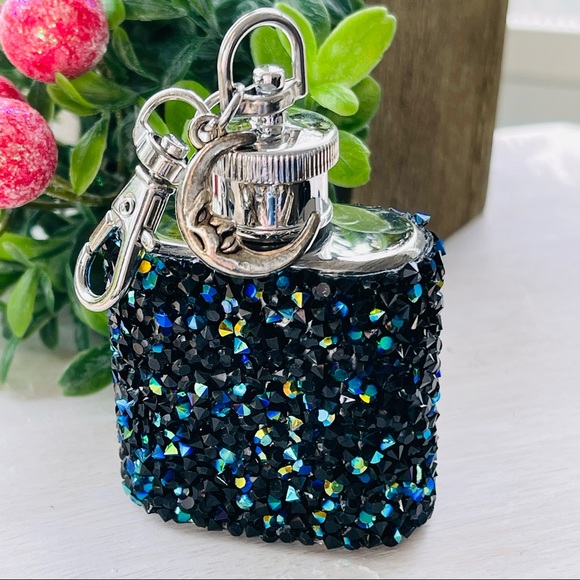 MINI FLASK crystal encrusted keyring IRIDESCENT keyfob CELESTIAL mini flask Blue - Picture 8 of 11